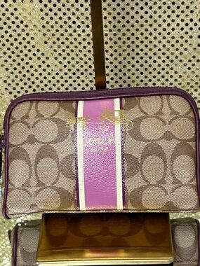 Coach Brown Signature Cosmetic Pouch with Purple Stripe